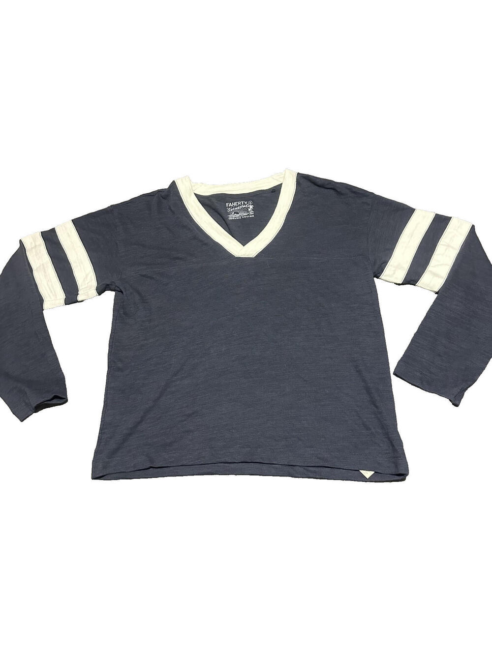 Faherty Slub Varsity V Neck Long Sleeve Tee Small Striped Sunwashed Blue Stripe